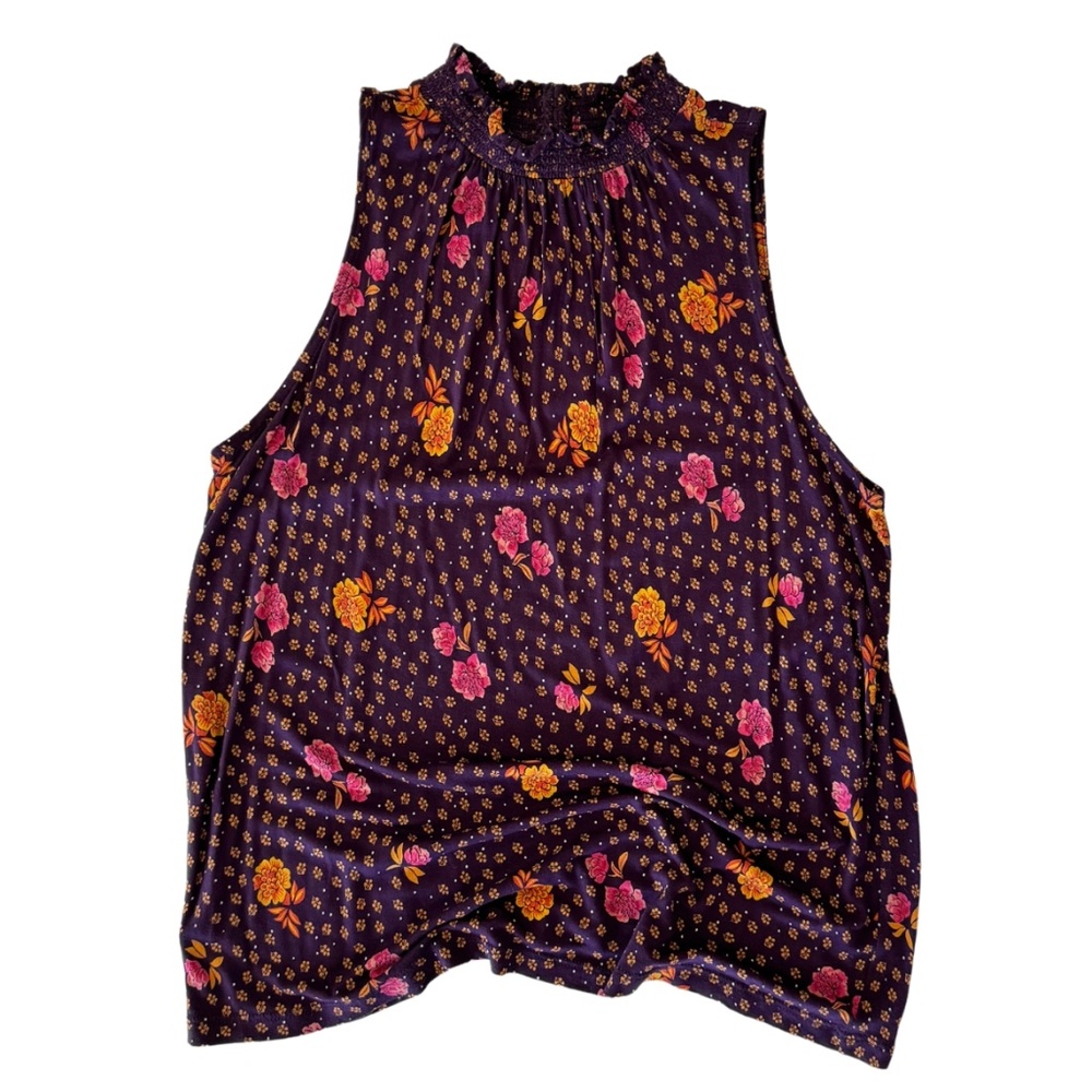 Loft Brand Elastic Collar Maroon Floral Flowy Tank Size Small